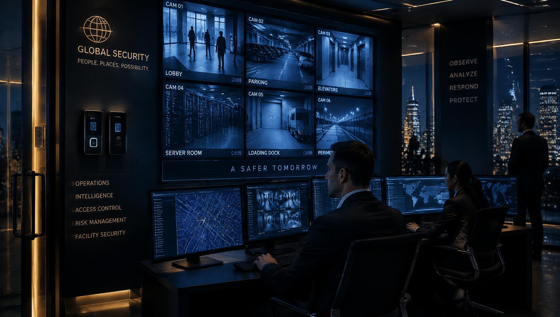 Corporate security operations center with CCTV monitoring